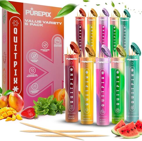 QuitPix Extra Thick Flavored Toothpicks – Quit Smoking Oral Fixation with NAC & L-Theanine – Nicotine Free Infused Toothpicks, Sugar Free, Vegan, 5 Flavor Variety Pack (100ct) Pack of 2 in Saudi Arabia