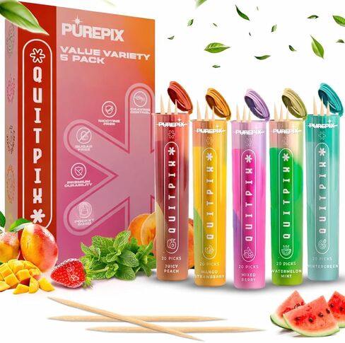 QuitPix Extra Thick Flavored Toothpicks – Quit Smoking Oral Fixation with NAC & L-Theanine – Nicotine Free Infused Toothpicks, Sugar Free, Vegan, 5 Flavor Variety Pack (100ct) Pack of 2 in Saudi Arabia