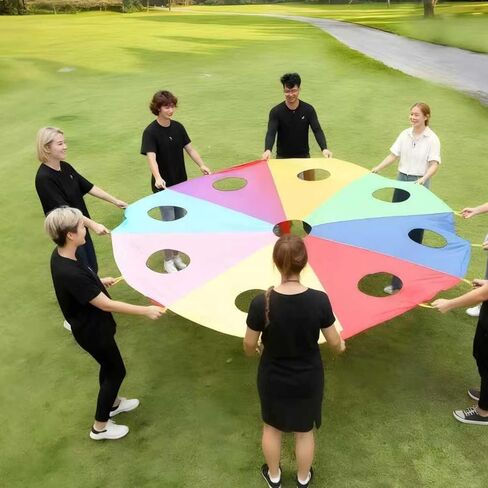 6.5 Ft Youngsters' Play Parachute, 9-Hole Whack A Mole, 4 Air Rods, Inflator Included, Polyester Fabric, For Indoor/Outdoor Groups in Kuwait