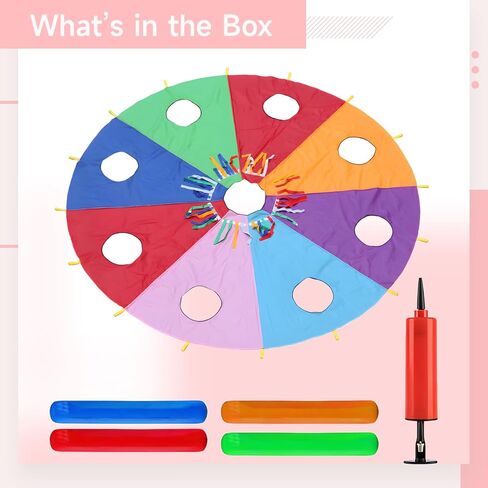 6.5 Ft Youngsters' Play Parachute, 9-Hole Whack A Mole, 4 Air Rods, Inflator Included, Polyester Fabric, For Indoor/Outdoor Groups in Kuwait