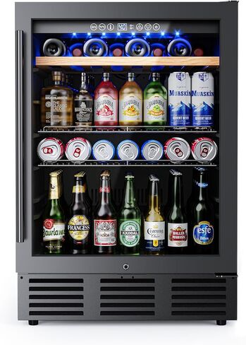 24 In Beverage Refrigerator, 112 Cans & 8 Bottles Wine Fridge with Double-Layer Glass Door, Built-In or Freestanding Wine and Beverage Refrigerator, Under Counter Fridge for Home/Bar/Cafe in Saudi Arabia