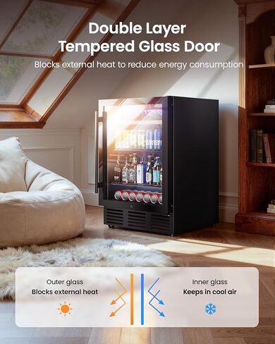 24 In Beverage Refrigerator, 112 Cans & 8 Bottles Wine Fridge with Double-Layer Glass Door, Built-In or Freestanding Wine and Beverage Refrigerator, Under Counter Fridge for Home/Bar/Cafe in Saudi Arabia