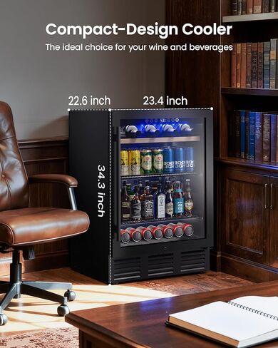 24 In Beverage Refrigerator, 112 Cans & 8 Bottles Wine Fridge with Double-Layer Glass Door, Built-In or Freestanding Wine and Beverage Refrigerator, Under Counter Fridge for Home/Bar/Cafe in Saudi Arabia