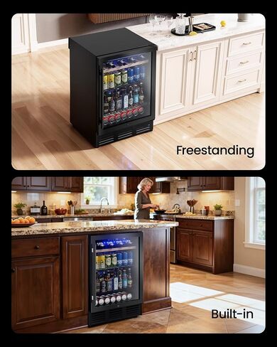 24 In Beverage Refrigerator, 112 Cans & 8 Bottles Wine Fridge with Double-Layer Glass Door, Built-In or Freestanding Wine and Beverage Refrigerator, Under Counter Fridge for Home/Bar/Cafe in Saudi Arabia