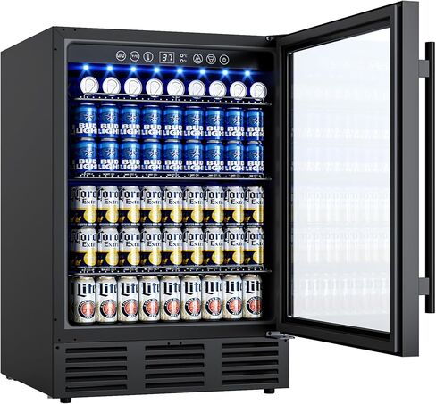 24 In Beverage Refrigerator, 112 Cans & 8 Bottles Wine Fridge with Double-Layer Glass Door, Built-In or Freestanding Wine and Beverage Refrigerator, Under Counter Fridge for Home/Bar/Cafe in Saudi Arabia