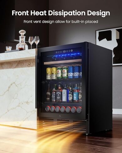 24 In Beverage Refrigerator, 112 Cans & 8 Bottles Wine Fridge with Double-Layer Glass Door, Built-In or Freestanding Wine and Beverage Refrigerator, Under Counter Fridge for Home/Bar/Cafe in Saudi Arabia