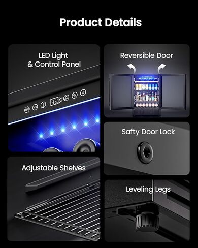 24 In Beverage Refrigerator, 112 Cans & 8 Bottles Wine Fridge with Double-Layer Glass Door, Built-In or Freestanding Wine and Beverage Refrigerator, Under Counter Fridge for Home/Bar/Cafe in Saudi Arabia