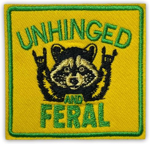 Unhinged and Feral Raccoon Patch 3 Inches Funny Sarcastic Quote Saying Hilarious Gifts Iron On/Sew On Embroidery Fabric Applique Patches for Trucker Hats Clothes Backpack DIY Accessories Friends Gifts in Kuwait