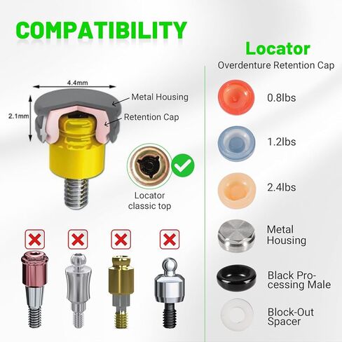 LEAPTREND Implant Tooth Locator Core Tool, Universal Dental Instrument (Golden) with Male Cap kit Metal Housing/Gloves, 3 Tools in 1 for Overdenture Retention Male Caps Removal and Insertion in Kuwait