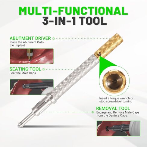 LEAPTREND Implant Tooth Locator Core Tool, Universal Dental Instrument (Golden) with Male Cap kit Metal Housing/Gloves, 3 Tools in 1 for Overdenture Retention Male Caps Removal and Insertion in Kuwait