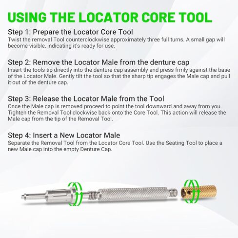 LEAPTREND Implant Tooth Locator Core Tool, Universal Dental Instrument (Golden) with Male Cap kit Metal Housing/Gloves, 3 Tools in 1 for Overdenture Retention Male Caps Removal and Insertion in Kuwait