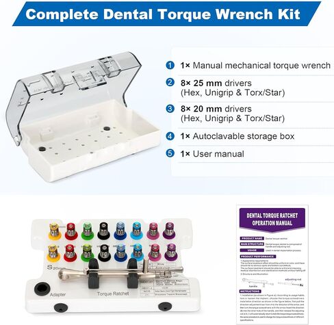 Dental Implant Torque Wrench Set Universal Prosthetic Kit Dental Implant Kit with Torque Adjustable Ratchet Screwdrivers 16pcs, Fully Autoclavable,10-70Ncm, Secure/Disassemble Implant Restorations in Kuwait