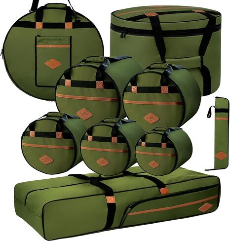 مجموعة حقائب طبلة احترافية مكونة من 9 قطع، حقيبة طبلة مبطنة بالقطن عتيقة لـ 10/12/13 بوصة، و14 بوصة كمين، و16 بوصة لطبلة الأرضية، و22 × 18 بوصة، وتتضمن حقيبة الصنج 24 بوصة، وأكياس الأجهزة والعصي (أخضر) in Kuwait