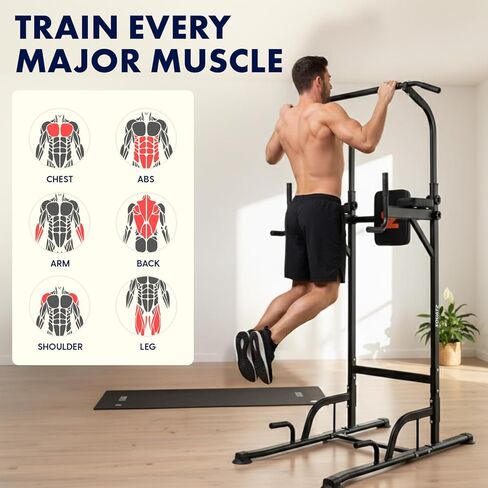 SQUATZ Power Tower Pull Up Station with Free Standing Pull Up Bar, Multi-Grip Workout Frame with 6 Adjustable Heights, H-Base Stability, Steel Construction, 330 lb Capacity for Home Gym, Black in Saudi Arabia