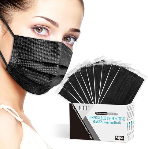 EHH Black Disposable Face Masks, Individually Wrapped, Breathable Face Mask for Men Women, 3- Ply, Comfortable Adult Masks with Adjustable Nose Wire & Elastic Ear Loop 50 Pcs, Black in Saudi Arabia