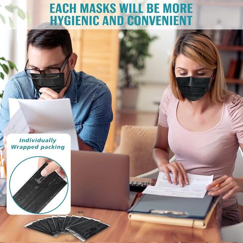 EHH Black Disposable Face Masks, Individually Wrapped, Breathable Face Mask for Men Women, 3- Ply, Comfortable Adult Masks with Adjustable Nose Wire & Elastic Ear Loop 50 Pcs, Black in Saudi Arabia