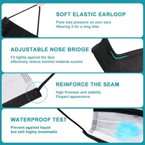 EHH Black Disposable Face Masks, Individually Wrapped, Breathable Face Mask for Men Women, 3- Ply, Comfortable Adult Masks with Adjustable Nose Wire & Elastic Ear Loop 50 Pcs, Black in Saudi Arabia