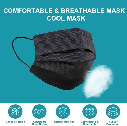 EHH Black Disposable Face Masks, Individually Wrapped, Breathable Face Mask for Men Women, 3- Ply, Comfortable Adult Masks with Adjustable Nose Wire & Elastic Ear Loop 50 Pcs, Black in Saudi Arabia