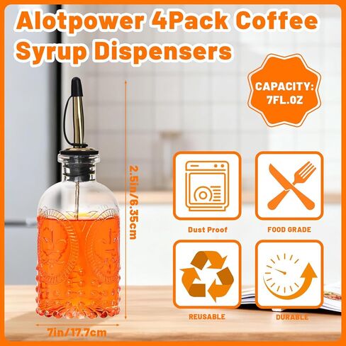 7oz Glass Coffee Syrup Dispenser, 4-Pack Complete Set with Funnel, Brush, Stoppers & Accessories - Syrup Bottles for Coffee Bar with Metal Pour Spout, Ideal for Maple,Oil, Vinegar,Cooking wine in Saudi Arabia