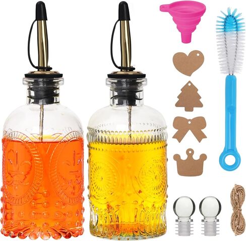 موزع شراب القهوة الزجاجي 7oz، مجموعة كاملة من 4 قطع مع قمع وفرشاة وسدادات وإكسسوارات - زجاجات شراب لبار القهوة مع صنبور صب معدني، مثالية للقيقب والزيت والخل ونبيذ الطبخ in Kuwait