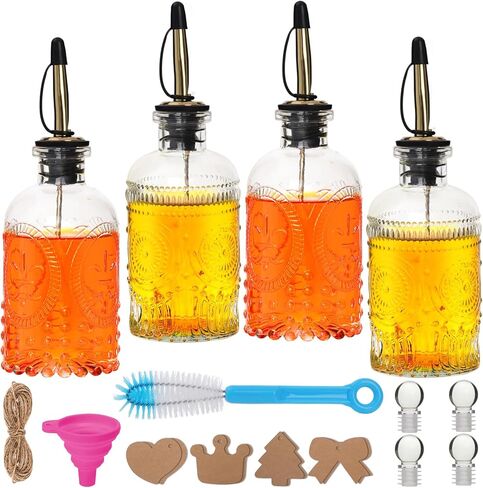 7oz Glass Coffee Syrup Dispenser, 4-Pack Complete Set with Funnel, Brush, Stoppers & Accessories - Syrup Bottles for Coffee Bar with Metal Pour Spout, Ideal for Maple,Oil, Vinegar,Cooking wine in Saudi Arabia