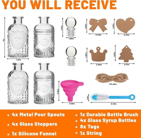7oz Glass Coffee Syrup Dispenser, 4-Pack Complete Set with Funnel, Brush, Stoppers & Accessories - Syrup Bottles for Coffee Bar with Metal Pour Spout, Ideal for Maple,Oil, Vinegar,Cooking wine in Saudi Arabia