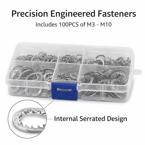 Internal Serrated Washer Stainless Steel 304, 300Pcs M3 M4 M5 M6 M8 M10 Combo Kit - Durable Anti - Rust Material, Precise Cutting, Organized Storage for Mechanical Use in Kuwait