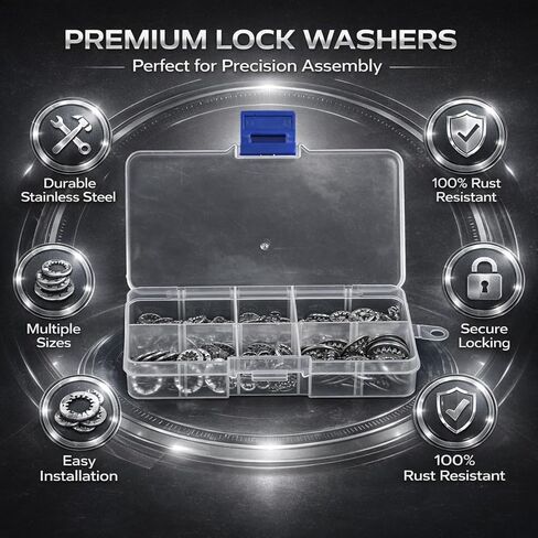 Internal Serrated Washer Stainless Steel 304, 300Pcs M3 M4 M5 M6 M8 M10 Combo Kit - Durable Anti - Rust Material, Precise Cutting, Organized Storage for Mechanical Use in Kuwait