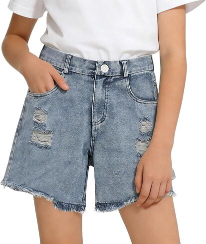 Girls Ripped Jean Shorts 5-14Y, Y2K Vintage Mid Waist Straight Leg Denim Shorts Kids Elastic Waistband Frayed Hem Jeans in Saudi Arabia