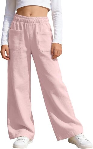 Girls Linen Pants Summer Lightweight School Uniform Pants Kids Elastic Waist Straight Leg Yoga Trousers with Pockets in Saudi Arabia