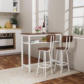 3 Piece Bar Table Set, Bar Table and Chairs Set of 2 with Metal Frame and Storage Rack, Modern Counter Height Table with 2 Stools for Kitchen, Dining Room, Living Room, Wood Top, Brown in Saudi Arabia