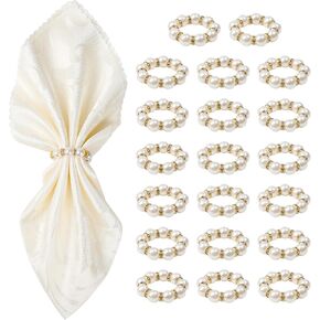 Gold Napkin Rings 20Pcs, Imitation Pearl Napkin Rings Napkin Holder, Elegant Rhinestone Gold Beaded Serviette Buckles for Weddings, Party Supplies & Fancy Table Decor (White and Gold, 20Pcs) in Kuwait