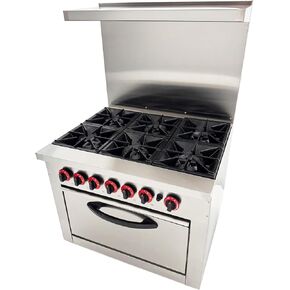 Commercial 6 Burner Gas Range with Bottom Oven - Natural Gas (178,000 BTU), Stainless Steel Stove, Oven Size 23.6"×21.6"×10.2", Rear Splash Guard for Restaurant/Commercial Kitchen in Kuwait