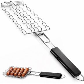 حامل هوت دوج للشواية، سلة شواء من الفولاذ المقاوم للصدأ لستة كلاب هوت دوج، سجق، لحم وخضروات، مقبض خشبي مقاوم للحرارة قابل للإزالة، ملحق شواية محمول، متجر سهل التنظيف in Kuwait