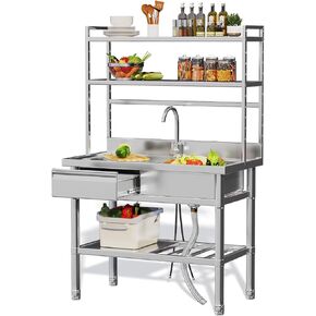 Stainless Steel Utility Sink with Shelves, Free Standing Single Bowl Commercial Kitchen Sinks with Drawer & Water Pipes, Stainless Steel Prep Table Countertop Workbench for Home Restaurant in Kuwait