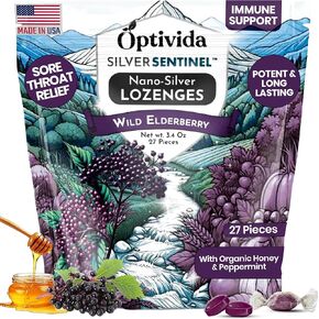 OPTIVIDA Health Natural Colloidal Silver Lozenges 60PPM Elderberry W/Vitamins, Sore Throat, Coughs, Supports Immune System, Fast-Acting Cough Drops, Organic Elderberry (1 Pack) in Kuwait