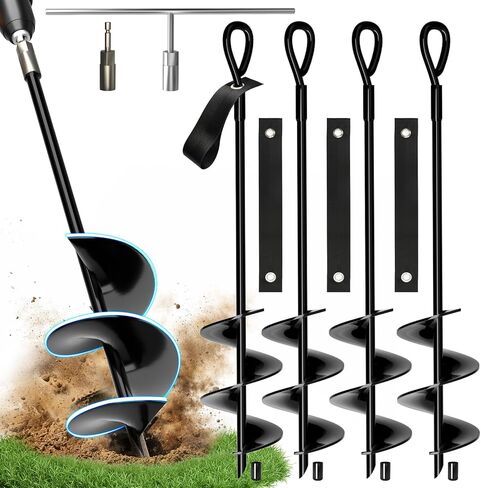 MIXC 18 Inch Heavy Duty Ground Anchors Screw in, 4 Pack Spiral Trampoline Stakes with Straps, Drill Adapter and Upgraded T-Wrench, 2.76'' Wider Blades for Swing Set, Shed, Carport, Mobile Home in Kuwait