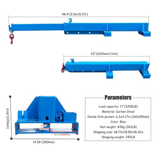 INTSUPERMAI Forklift Mobile Crane 2200lbs/1 Ton Capacity Adjustable Forklift Jib Boom Crane Max 8.2ft/2.5m Telescopic Arm with Truss Hoist Jib Boom and Hook for Warehouses Factories Workshops in Saudi Arabia