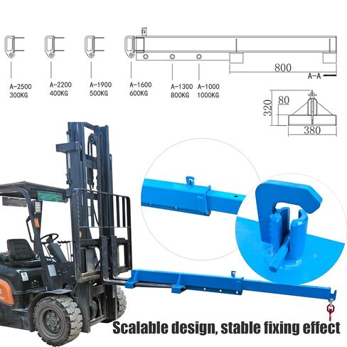 INTSUPERMAI Forklift Mobile Crane 2200lbs/1 Ton Capacity Adjustable Forklift Jib Boom Crane Max 8.2ft/2.5m Telescopic Arm with Truss Hoist Jib Boom and Hook for Warehouses Factories Workshops in Saudi Arabia