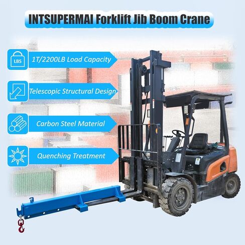 INTSUPERMAI Forklift Mobile Crane 2200lbs/1 Ton Capacity Adjustable Forklift Jib Boom Crane Max 8.2ft/2.5m Telescopic Arm with Truss Hoist Jib Boom and Hook for Warehouses Factories Workshops in Saudi Arabia
