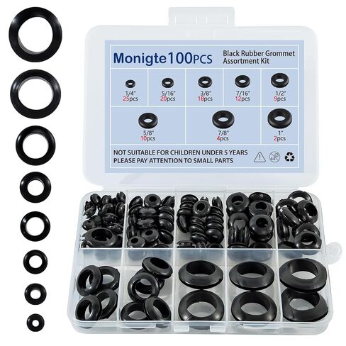 100PCS Rubber Grommet Kit, 8 Sizes Hollow Firewall Hole Plug Assortment, Rubber Grommets for Wire, Wiring, Automotive, Cord Organization, 1/4", 5/16", 3/8", 7/16", 1/2", 5/8", 3/4'', 7/8", 1'' in Kuwait