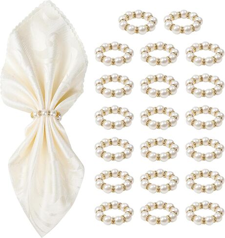 Gold Napkin Rings 20Pcs, Imitation Pearl Napkin Rings Napkin Holder, Elegant Rhinestone Gold Beaded Serviette Buckles for Weddings, Party Supplies & Fancy Table Decor (White and Gold, 20Pcs) in Kuwait