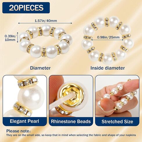 Gold Napkin Rings 20Pcs, Imitation Pearl Napkin Rings Napkin Holder, Elegant Rhinestone Gold Beaded Serviette Buckles for Weddings, Party Supplies & Fancy Table Decor (White and Gold, 20Pcs) in Kuwait