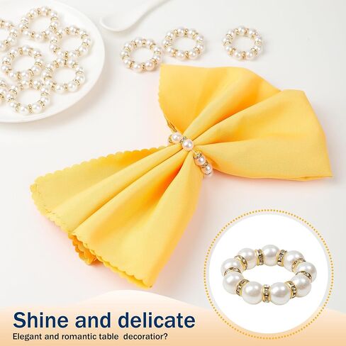 Gold Napkin Rings 20Pcs, Imitation Pearl Napkin Rings Napkin Holder, Elegant Rhinestone Gold Beaded Serviette Buckles for Weddings, Party Supplies & Fancy Table Decor (White and Gold, 20Pcs) in Kuwait