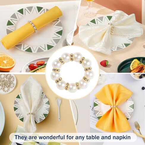 Gold Napkin Rings 20Pcs, Imitation Pearl Napkin Rings Napkin Holder, Elegant Rhinestone Gold Beaded Serviette Buckles for Weddings, Party Supplies & Fancy Table Decor (White and Gold, 20Pcs) in Kuwait