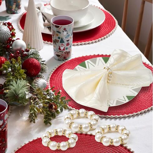 Gold Napkin Rings 20Pcs, Imitation Pearl Napkin Rings Napkin Holder, Elegant Rhinestone Gold Beaded Serviette Buckles for Weddings, Party Supplies & Fancy Table Decor (White and Gold, 20Pcs) in Kuwait