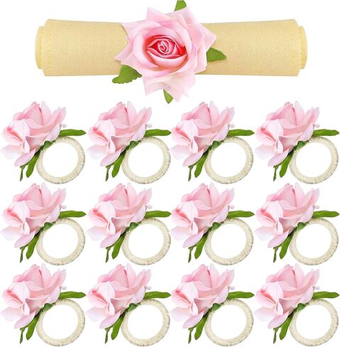 Chengu 12 Pcs Pink Floral Napkin Rings Spring Handcraft Flower Napkin Rings Rose Peony Holder Table Decoration for Easter Wedding Banquet Birthday Party in Saudi Arabia