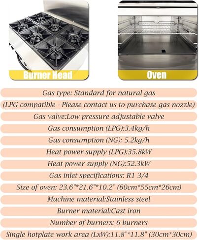 موقد غاز تجاري من الفولاذ المقاوم للصدأ مكون من 6 شعلات مع فرن المطبخ in Kuwait