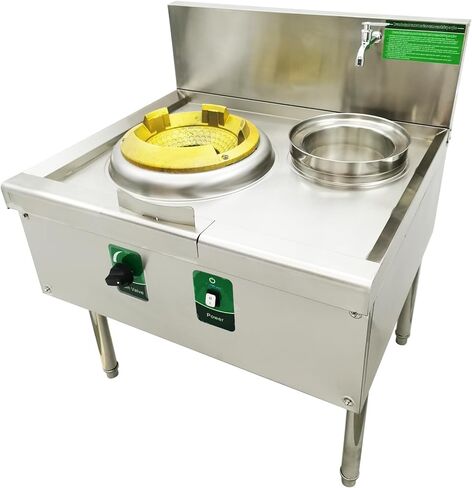 TECHTONGDA Commercial Gas Stove Chinese Wok Range Burner Stainless Steel 15.4" Gas Range LNG LPG Cooker Single Stove 85300BTU with Fan and Faucet for Chinese Cuisine in Saudi Arabia