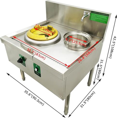 TECHTONGDA Commercial Gas Stove Chinese Wok Range Burner Stainless Steel 15.4" Gas Range LNG LPG Cooker Single Stove 85300BTU with Fan and Faucet for Chinese Cuisine in Saudi Arabia